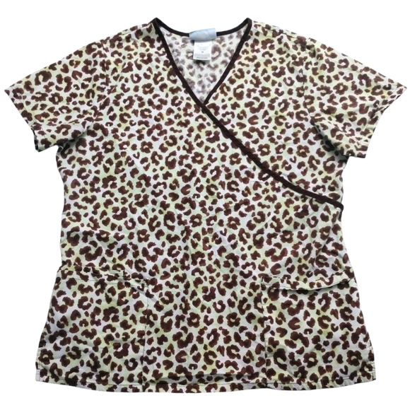 SB Scrubs Women's Brown/Green Leopard Print Scrubs Top With Pockets M Medium - Picture 1 of 5
